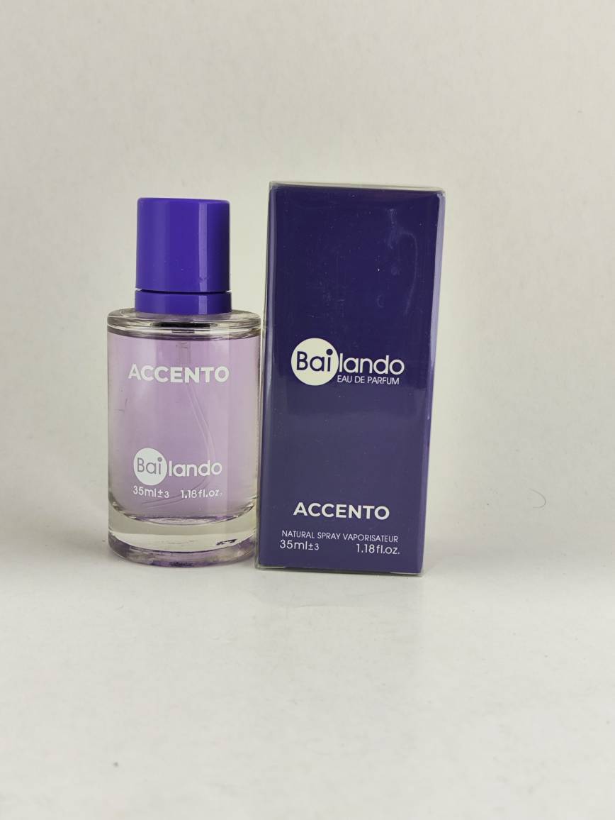 ادکلن جیبی زنانه بایلندو مدل اکسنتو ACCENTO عطری قابل استفاده هم برای خانم ها و هم آقایان است. این عطر رایحه ای خنک با گروه بویایی چوبی، گلی، میوه ای است.