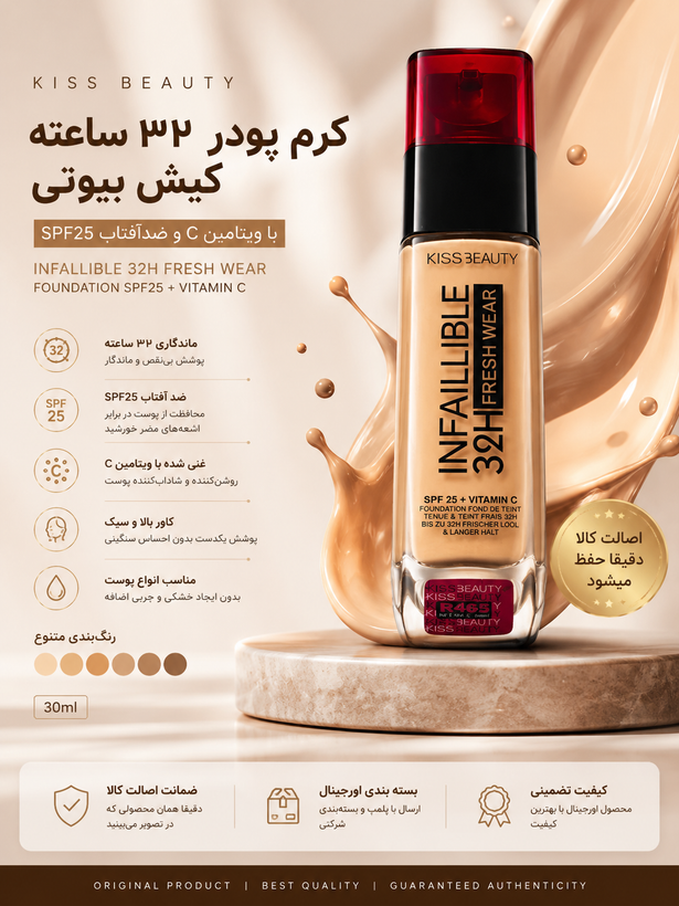 کرم پودر شیشه ای کیس بیوتی 35 میل کد 465(کرم پودر ۳۲ ساعته کیس بیوتی مدل Freshwear SPF25 + ویتامین C – ماندگاری بالا و روشنکننده پوست (رنگ R465) )با نشان سیب سلامت اصل